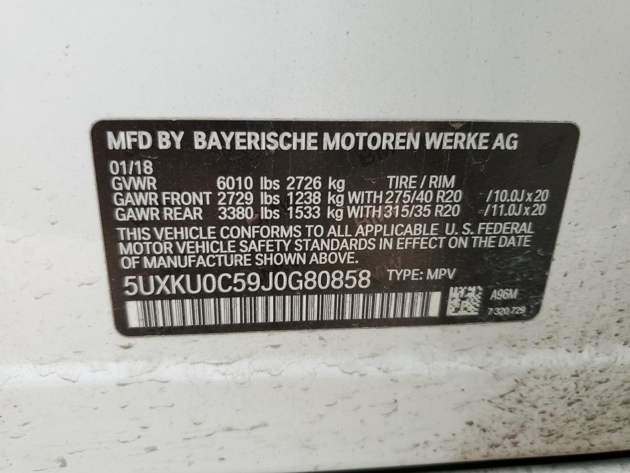 5UXKU0C59J0G80858 2018 BMW X6 Sdrive35I