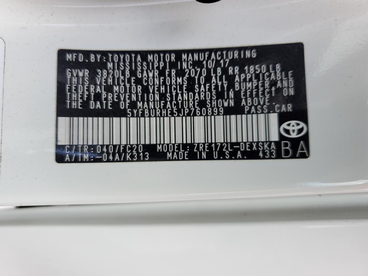 5YFBURHE5JP760899 2018 Toyota Corolla L