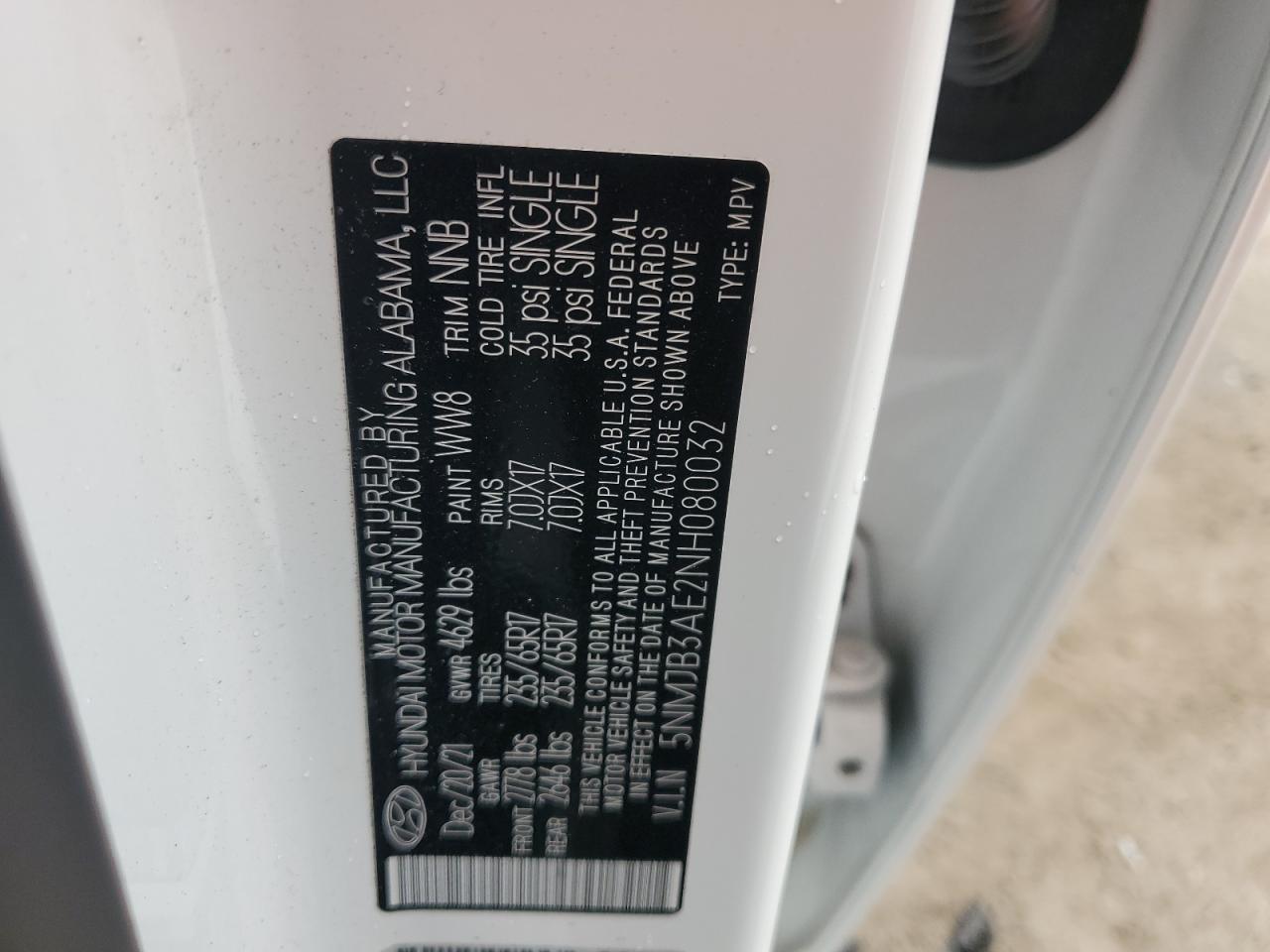 5NMJB3AE2NH080032 2022 Hyundai Tucson Sel