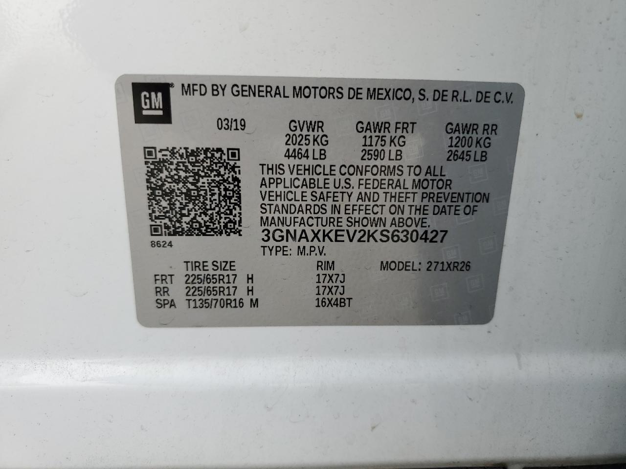 3GNAXKEV2KS630427 2019 Chevrolet Equinox Lt