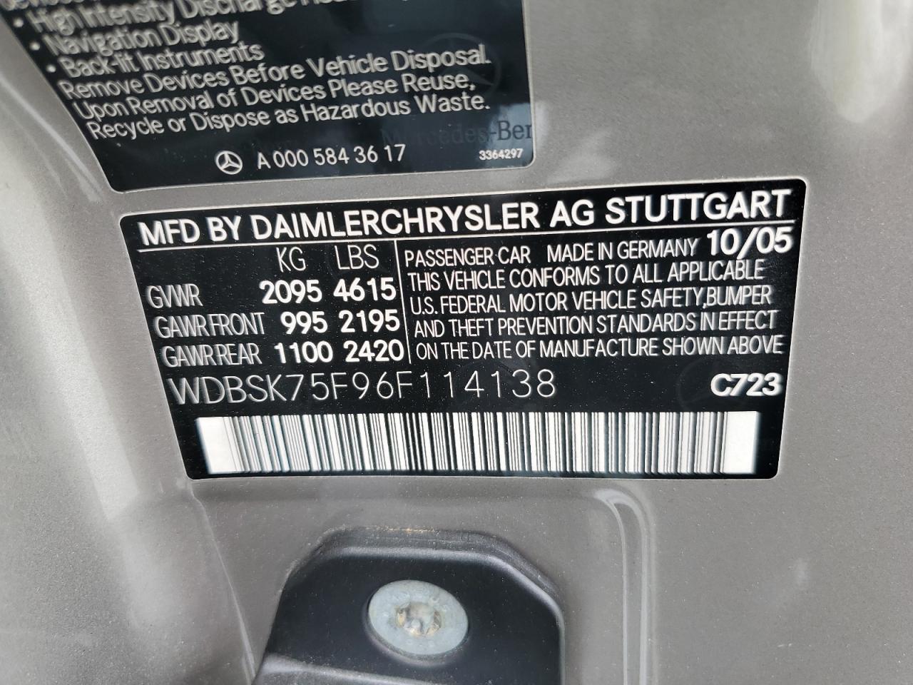 WDBSK75F96F114138 2006 Mercedes-Benz Sl 500