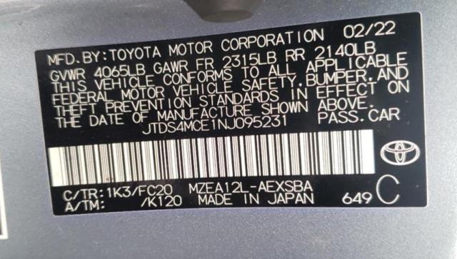 2022 Toyota Corolla Se VIN: JTDS4MCE1NJ095231 Lot: 53695674