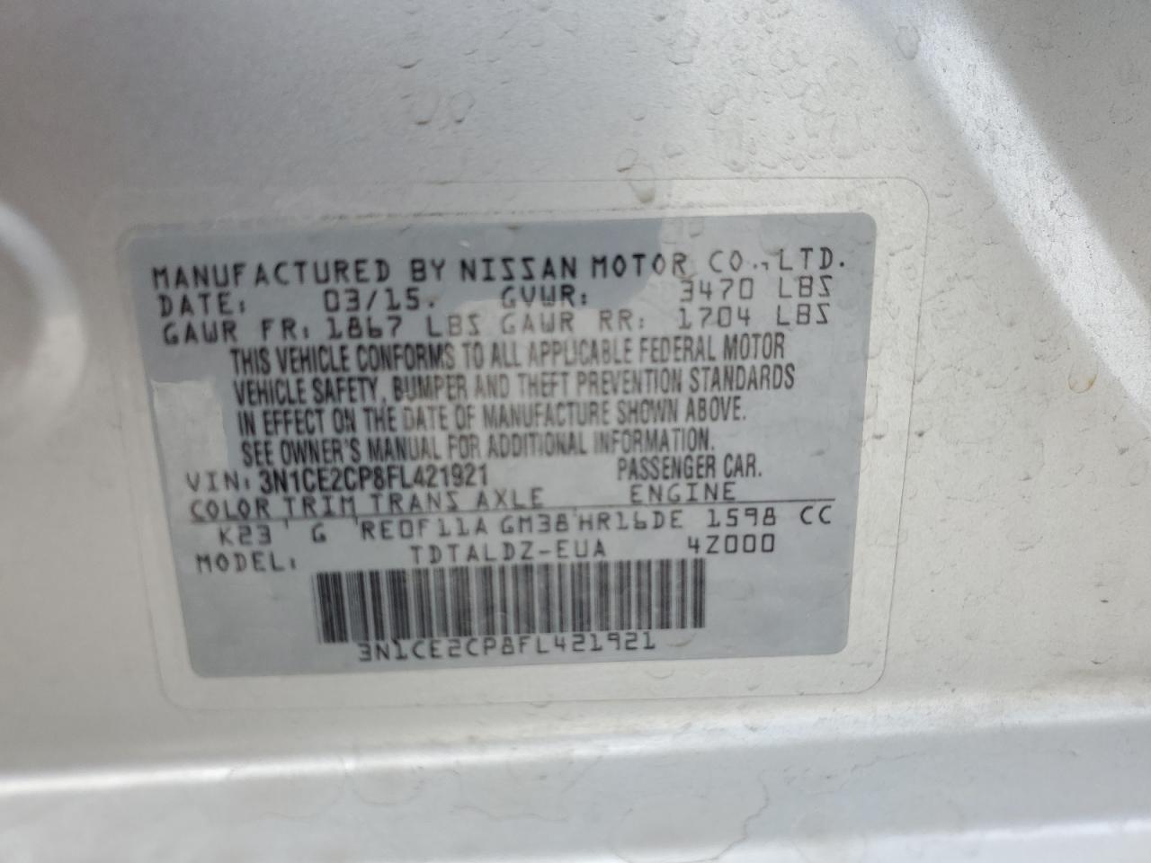 3N1CE2CP8FL421921 2015 Nissan Versa Note S