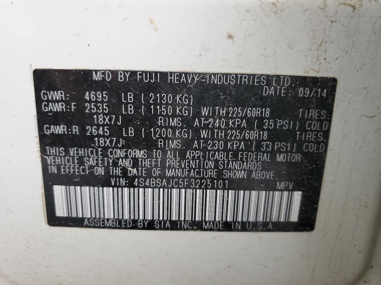 4S4BSAJC5F3225101 2015 Subaru Outback 2.5I Limited