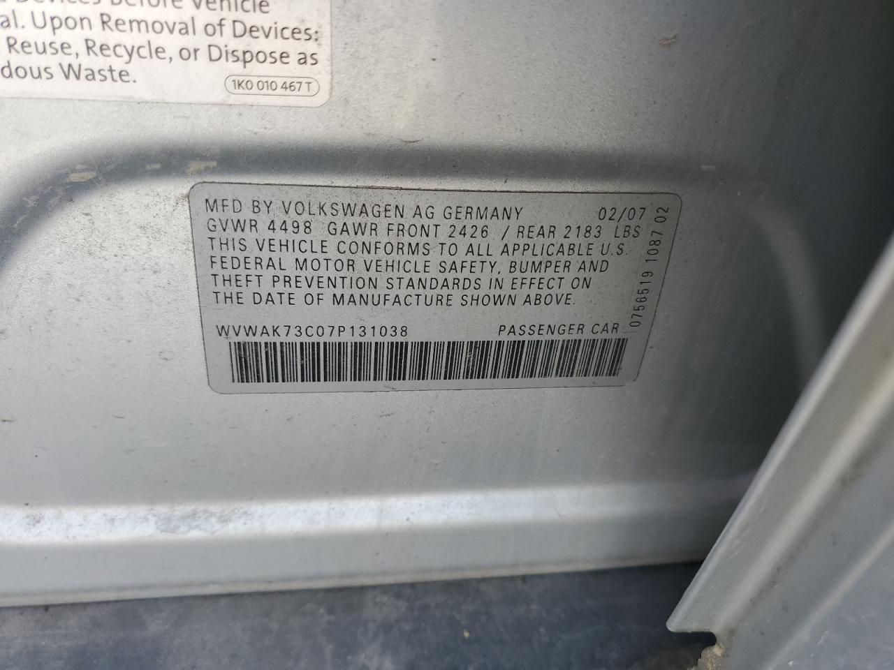 WVWAK73C07P131038 2007 Volkswagen Passat 2.0T