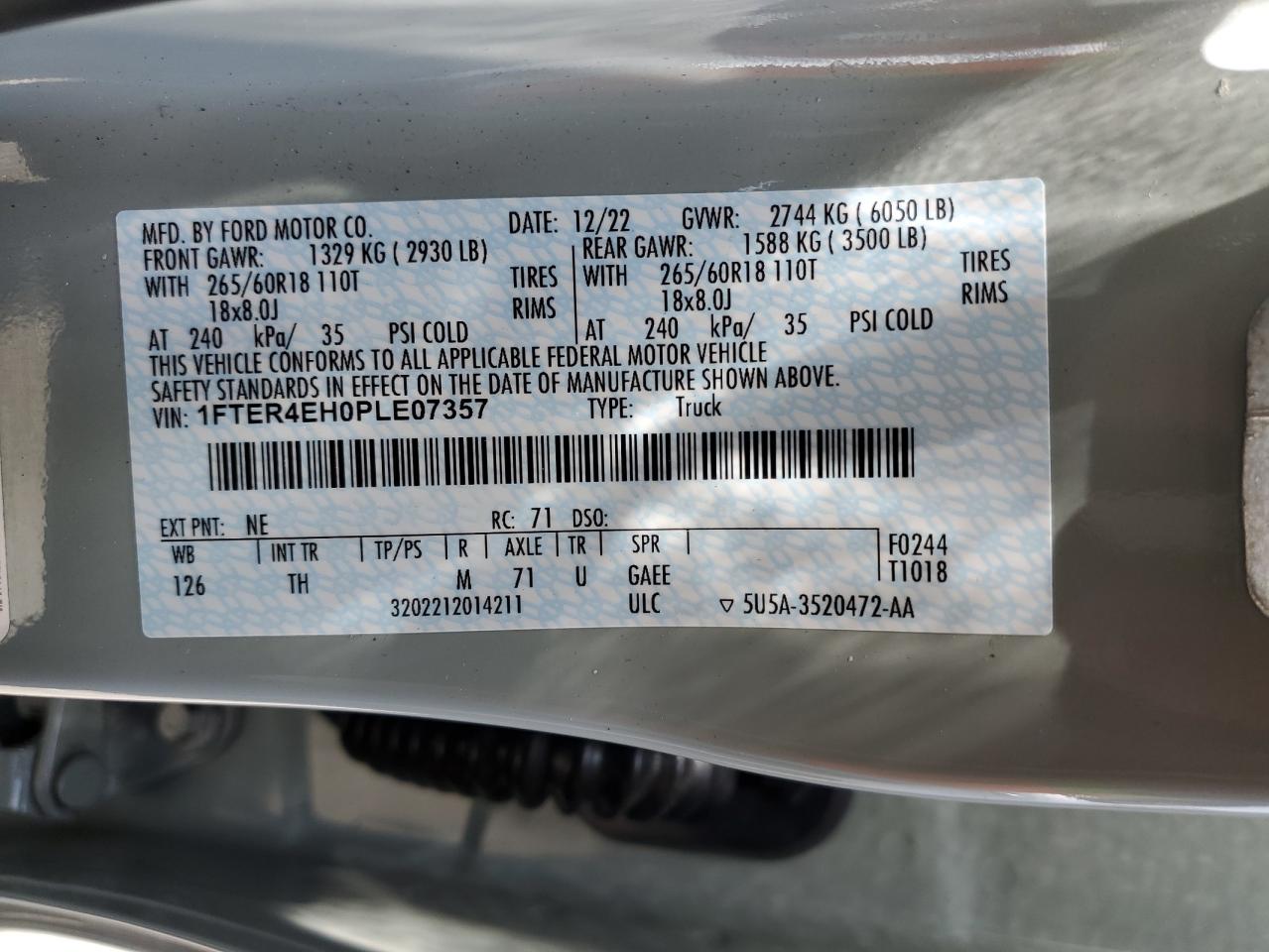 VIN: 1FTER4EH0PLE07357 2023 FORD RANGER