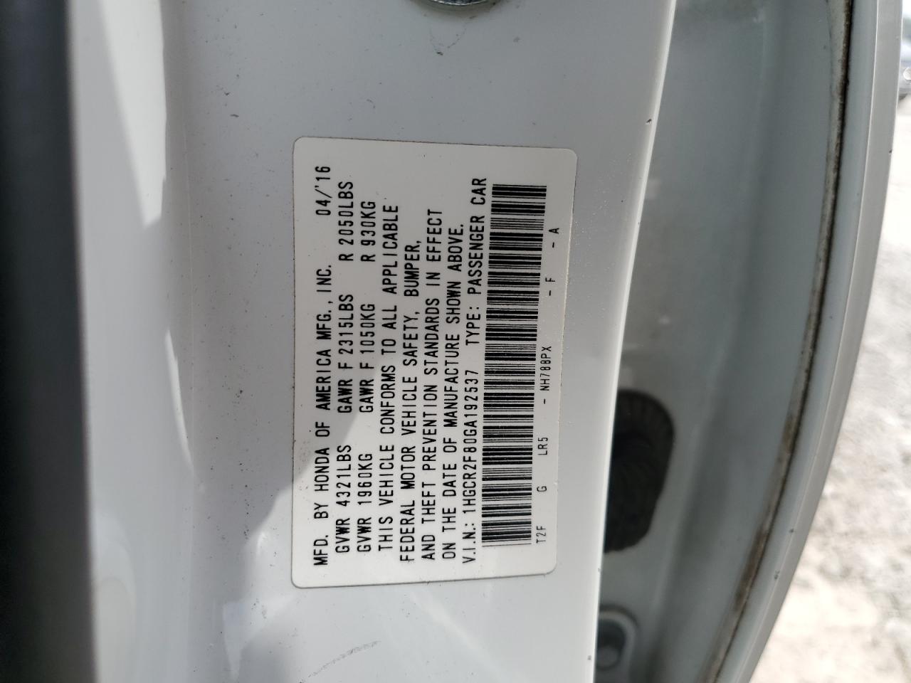 1HGCR2F80GA192537 2016 Honda Accord Exl