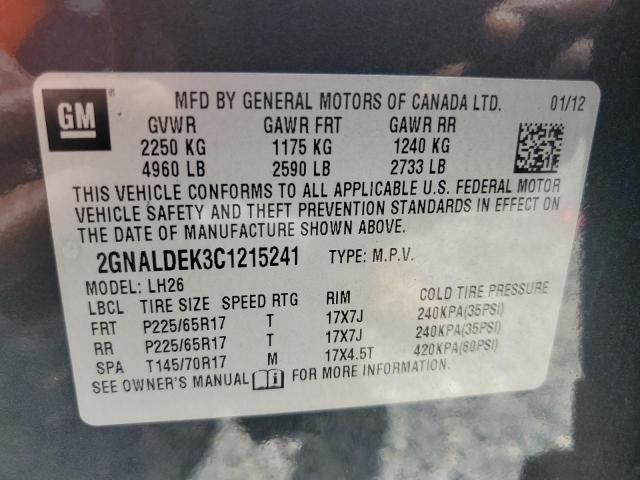 2012 Chevrolet Equinox Lt VIN: 2GNALDEK3C1215241 Lot: 57012464