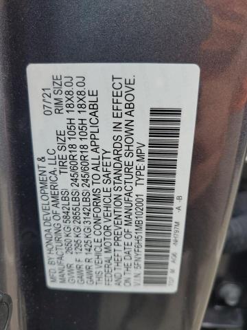 2021 Honda Pilot Exl VIN: 5FNYF6H51MB102001 Lot: 54579254