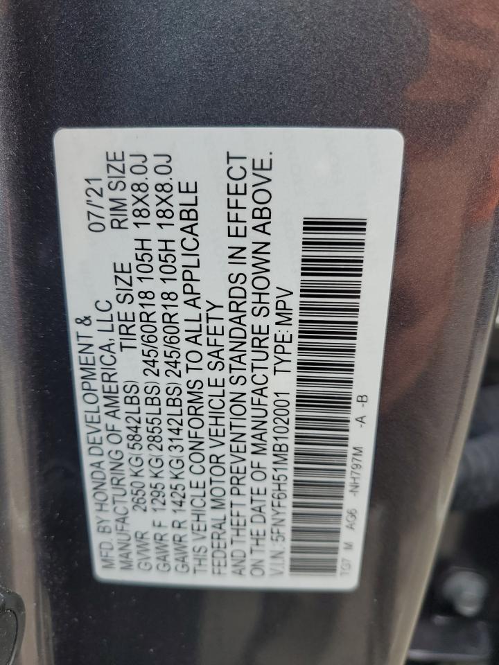 5FNYF6H51MB102001 2021 Honda Pilot Exl