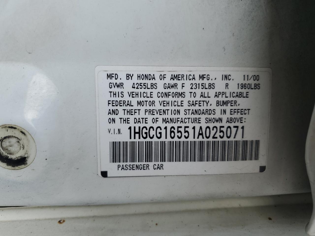 1HGCG16551A025071 2001 Honda Accord Ex