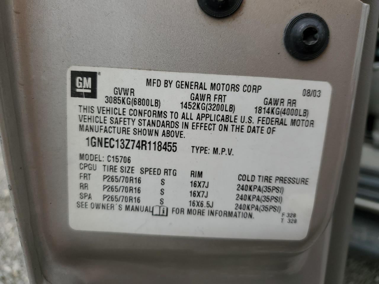 1GNEC13Z74R118455 2004 Chevrolet Tahoe C1500