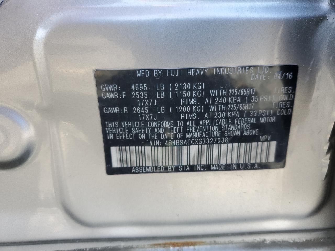 4S4BSACCXG3327038 2016 Subaru Outback 2.5I Premium