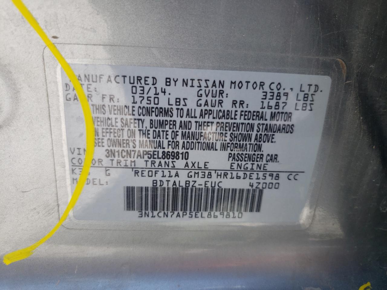 3N1CN7AP5EL869810 2014 Nissan Versa S