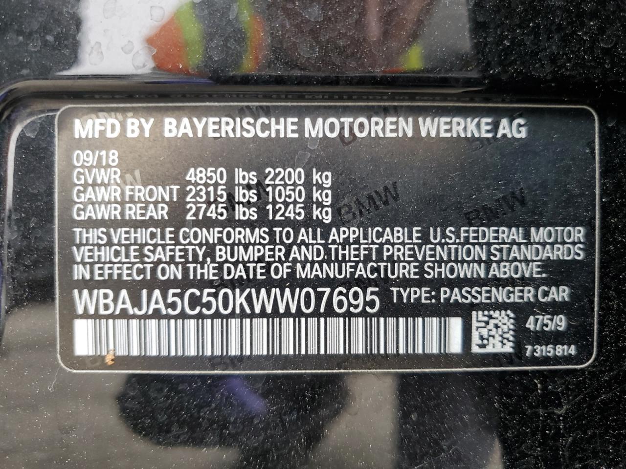 WBAJA5C50KWW07695 2019 BMW 530 I