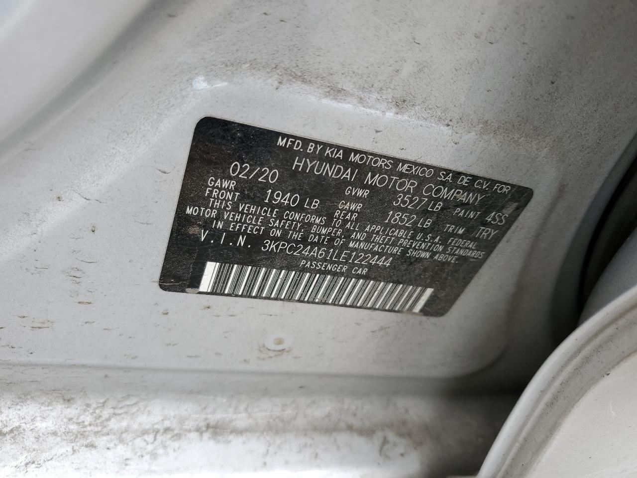 3KPC24A61LE122444 2020 Hyundai Accent Se