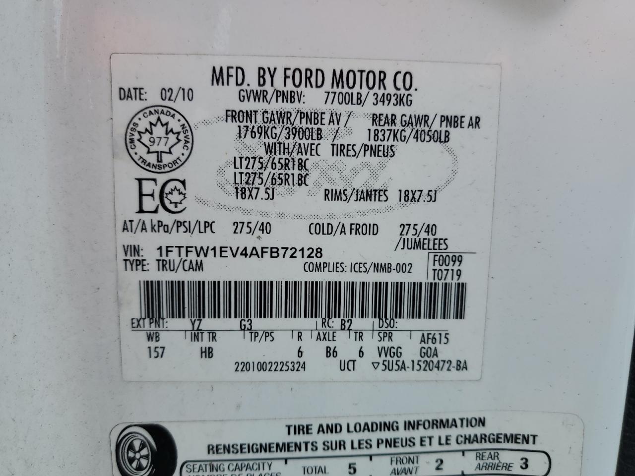 1FTFW1EV4AFB72128 2010 Ford F150 Supercrew