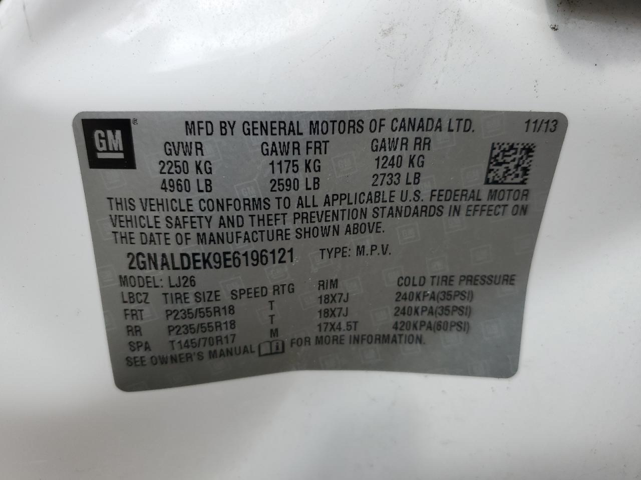 2GNALDEK9E6196121 2014 Chevrolet Equinox Ltz