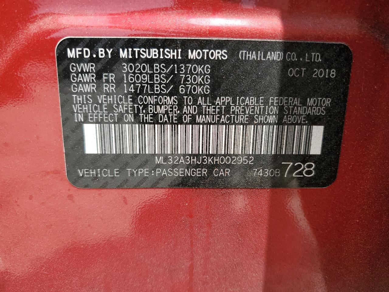 ML32A3HJ3KH002952 2019 Mitsubishi Mirage Es