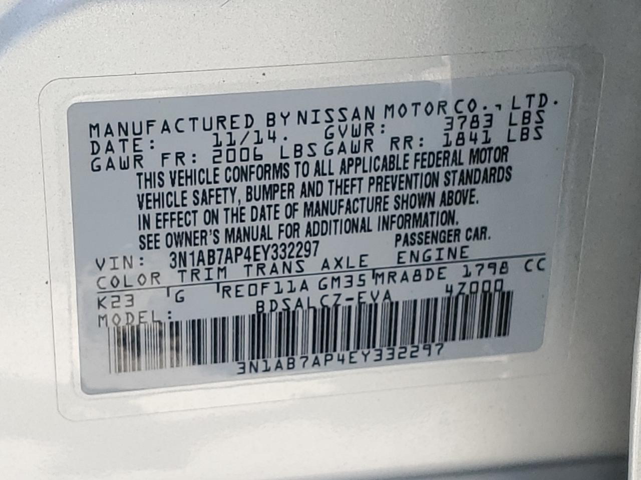 3N1AB7AP4EY332297 2014 Nissan Sentra S