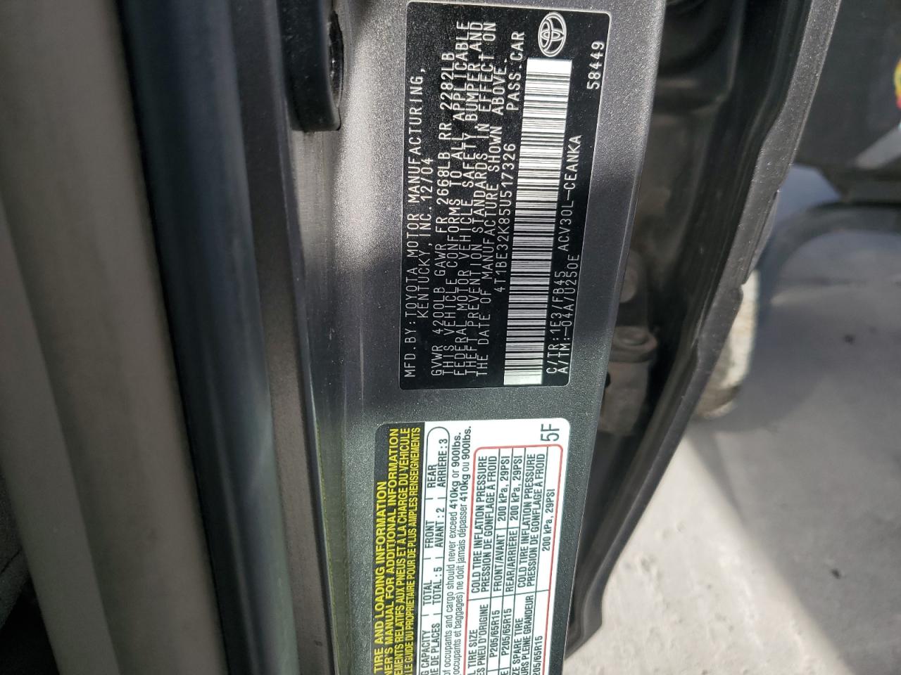 4T1BE32K85U517326 2005 Toyota Camry Le