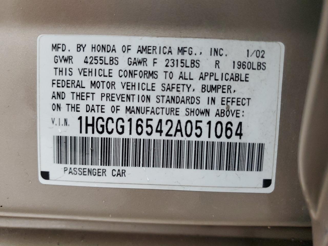 1HGCG16542A051064 2002 Honda Accord Ex