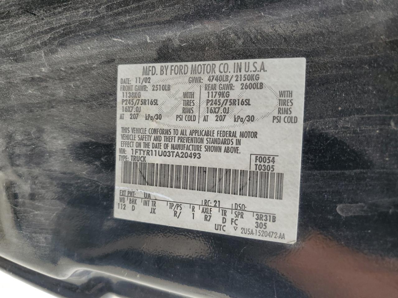 1FTYR11U03TA20493 2003 Ford Ranger