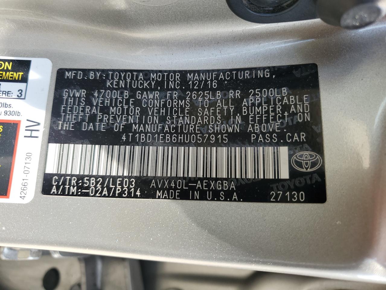 4T1BD1EB6HU057915 2017 Toyota Avalon Hybrid