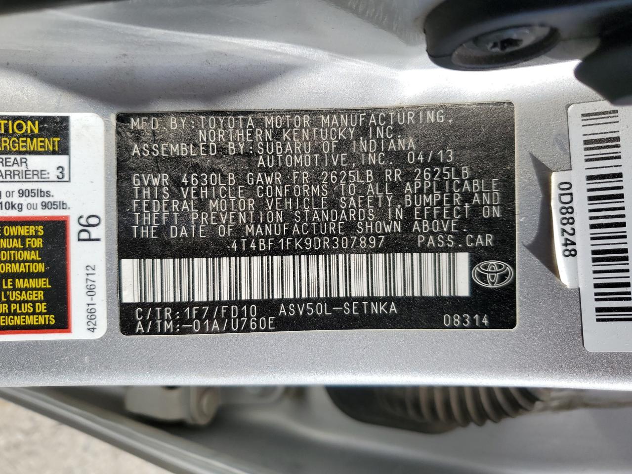 4T4BF1FK9DR307897 2013 Toyota Camry L