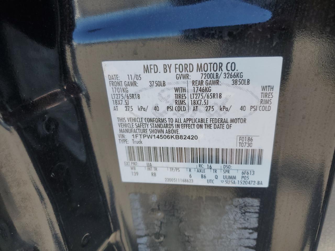 1FTPW14506KB82420 2006 Ford F150 Supercrew