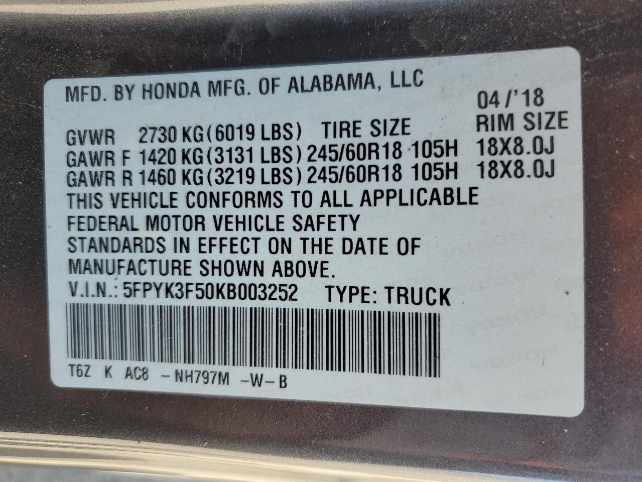 5FPYK3F50KB003252 2019 Honda Ridgeline Rtl