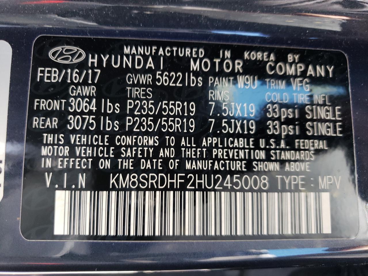 KM8SRDHF2HU245008 2017 Hyundai Santa Fe Se Ultimate