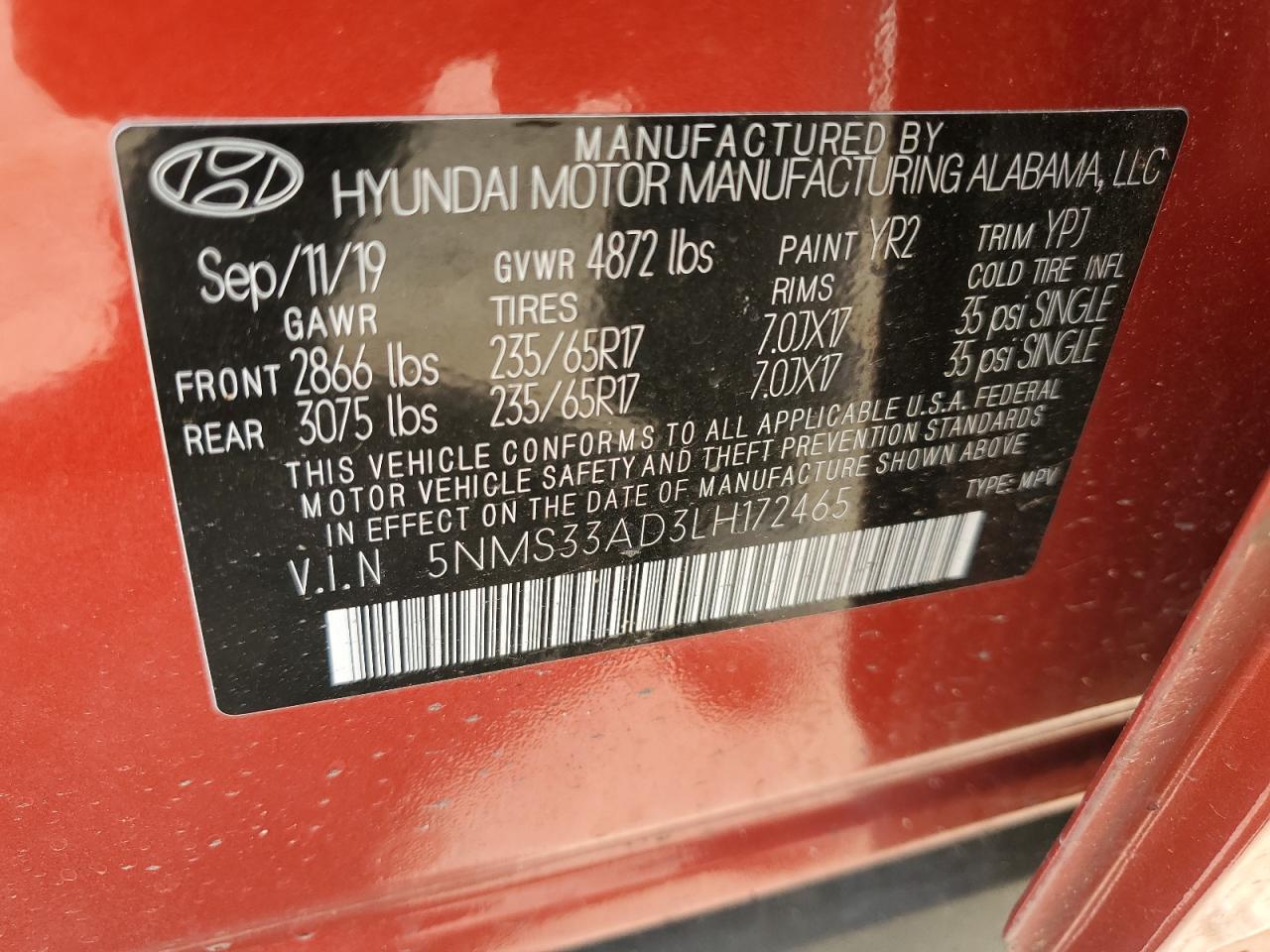 5NMS33AD3LH172465 2020 Hyundai Santa Fe Sel