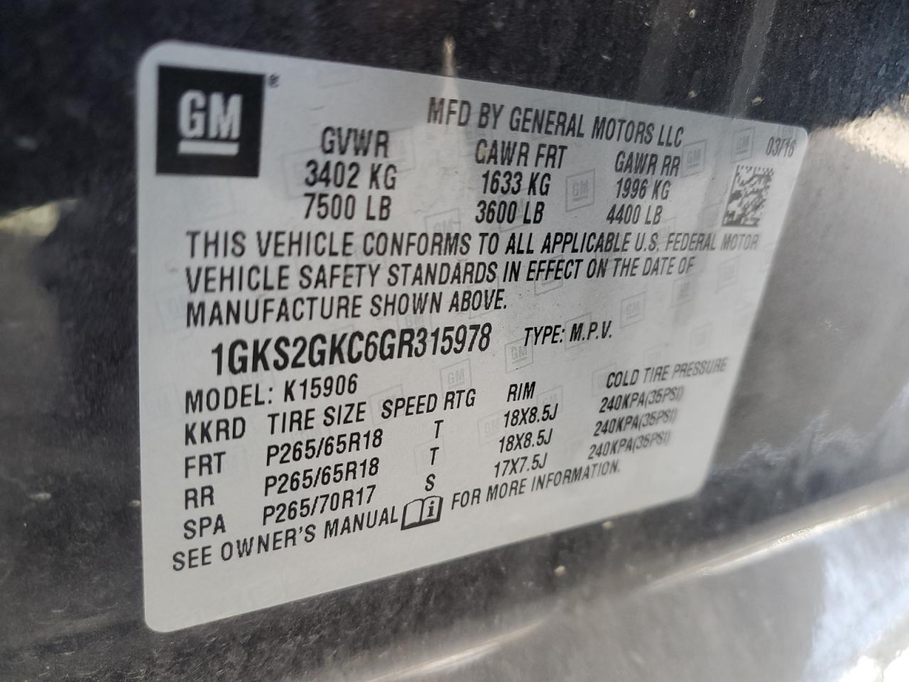 1GKS2GKC6GR315978 2016 GMC Yukon Xl K1500 Slt