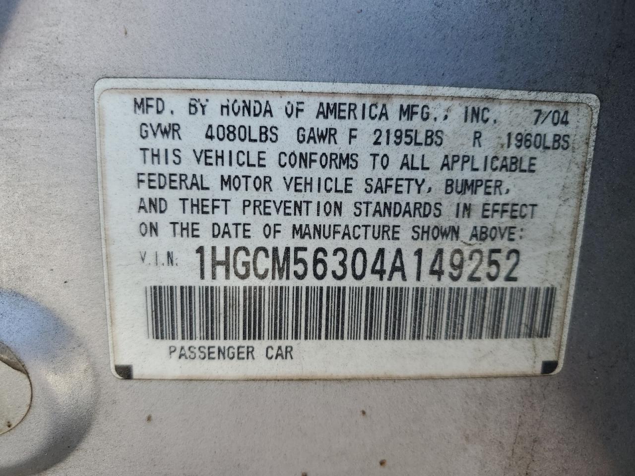1HGCM56304A149252 2004 Honda Accord Lx