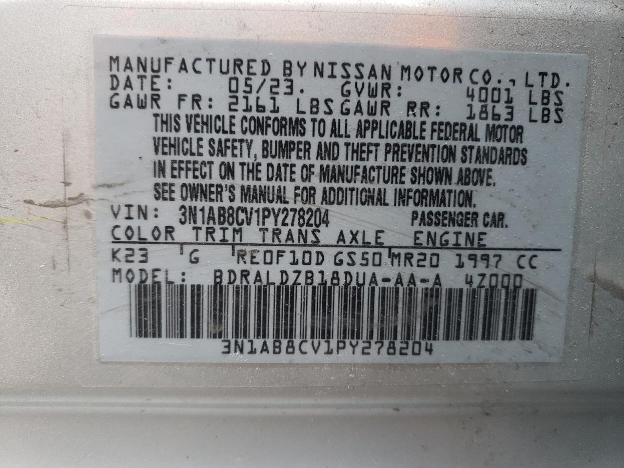 3N1AB8CV1PY278204 2023 Nissan Sentra Sv