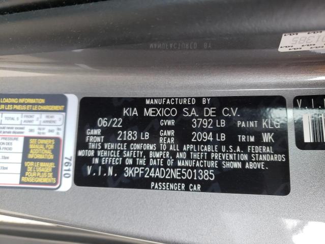 2022 Kia Forte Fe VIN: 3KPF24AD2NE501385 Lot: 53453454