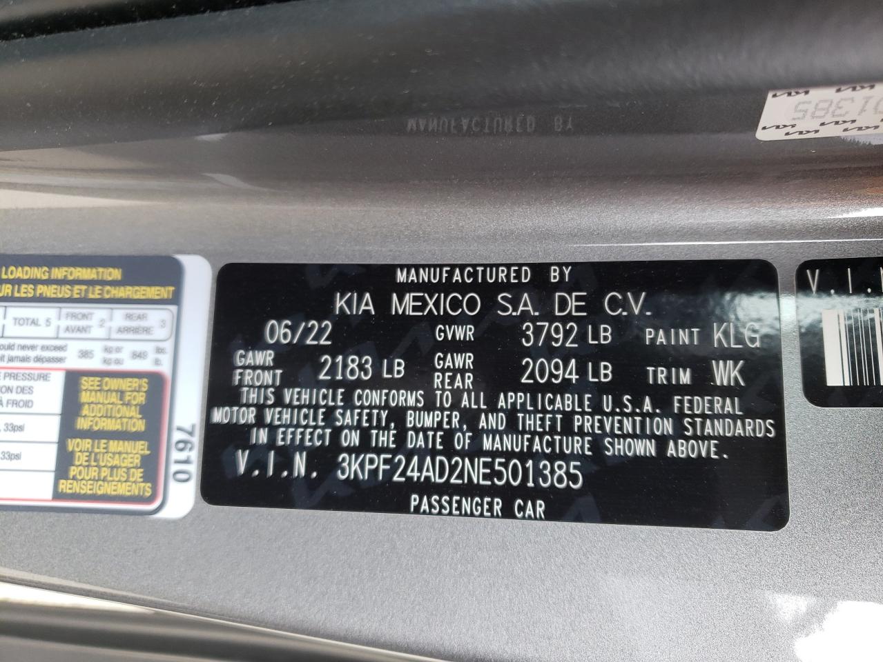 3KPF24AD2NE501385 2022 Kia Forte Fe