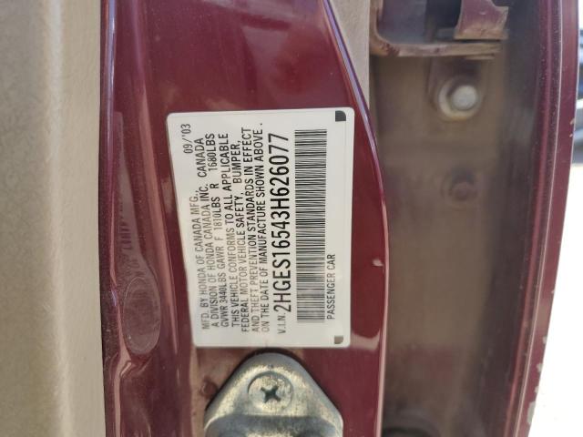 2003 Honda Civic Lx VIN: 2HGES16543H626077 Lot: 81664983