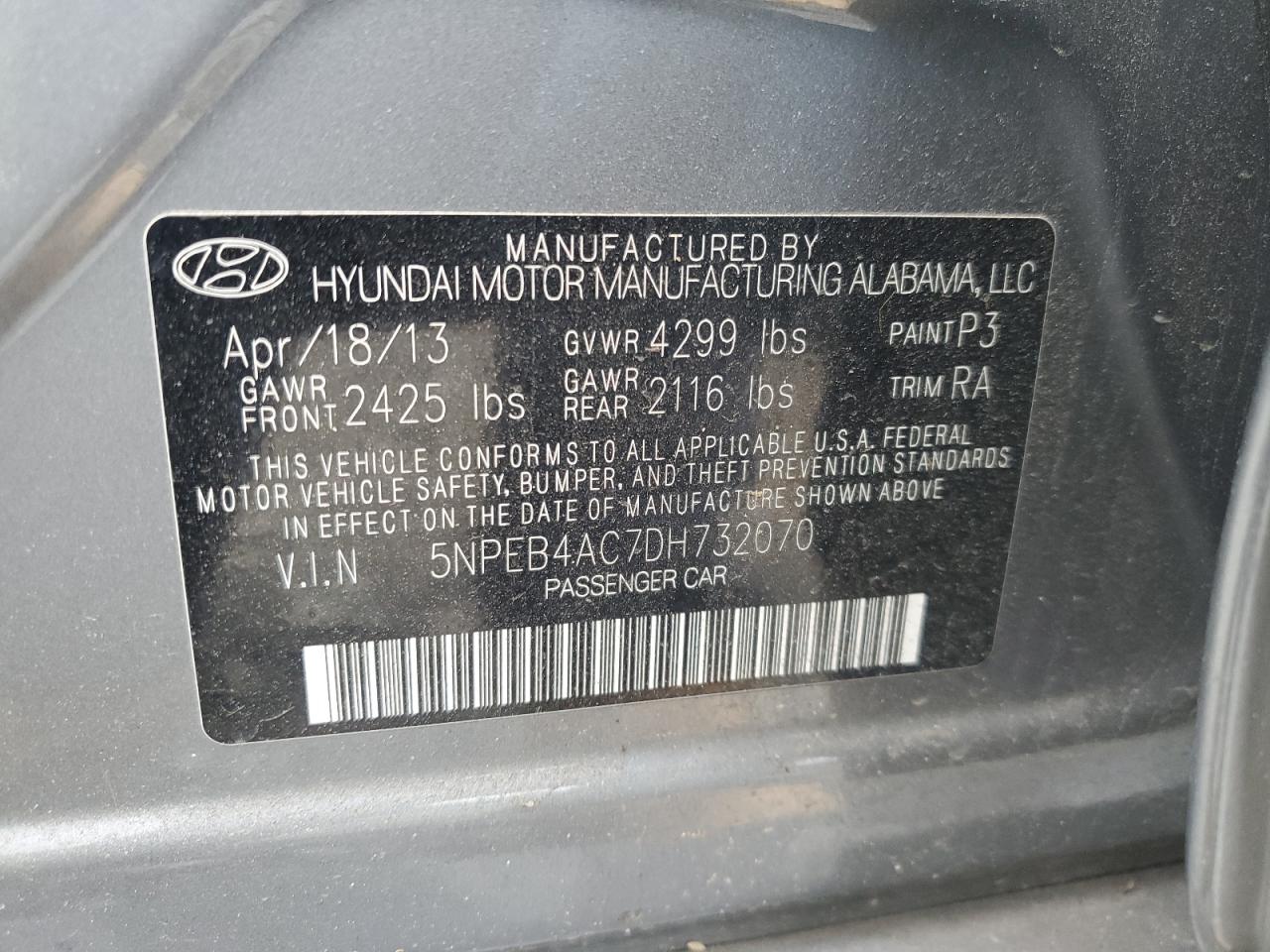5NPEB4AC7DH732070 2013 Hyundai Sonata Gls