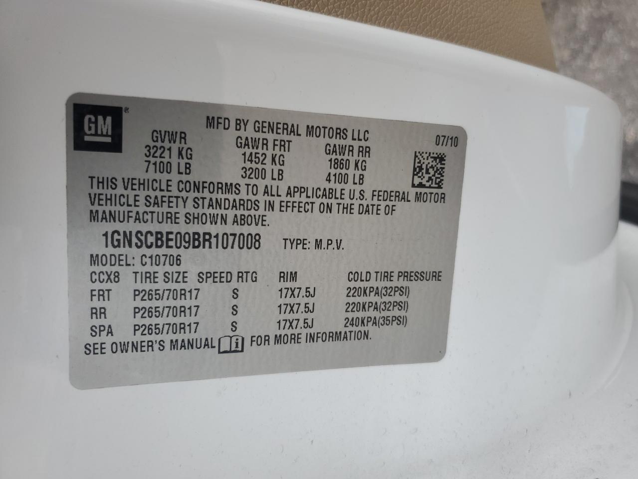 1GNSCBE09BR107008 2011 Chevrolet Tahoe C1500 Lt