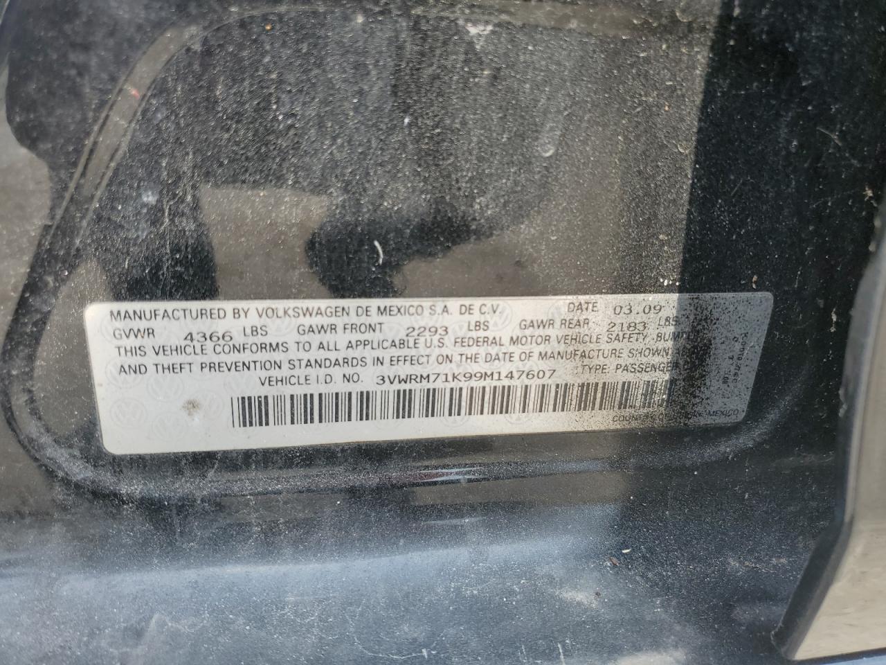 3VWRM71K99M147607 2009 Volkswagen Jetta Se