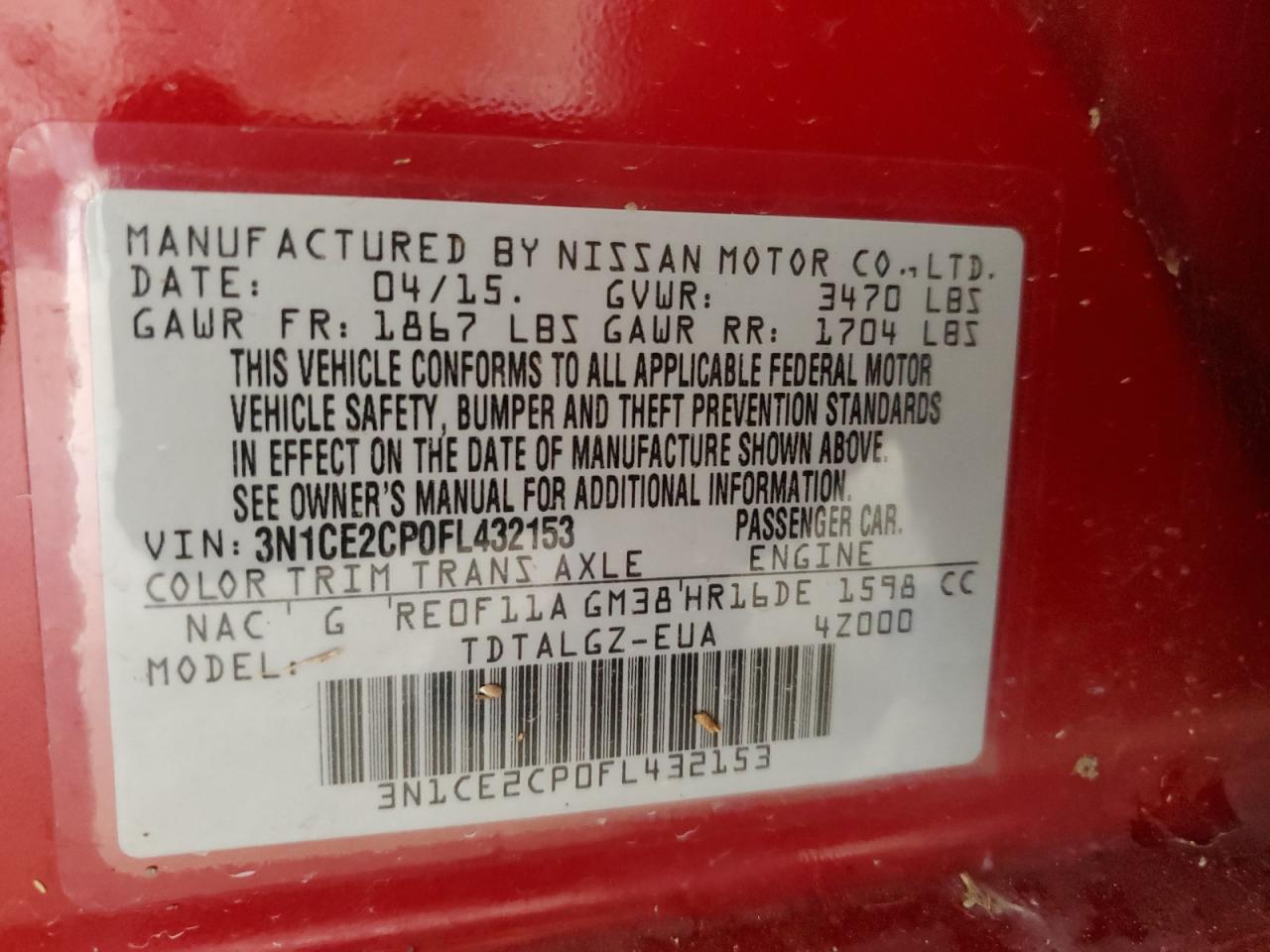 3N1CE2CP0FL432153 2015 Nissan Versa Note S