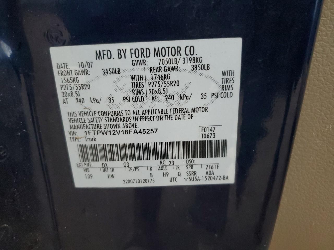 1FTPW12V18FA45257 2008 Ford F150 Supercrew