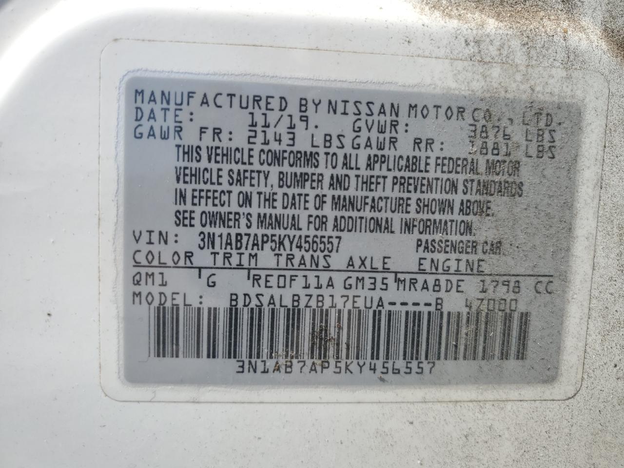 3N1AB7AP5KY456557 2019 Nissan Sentra S