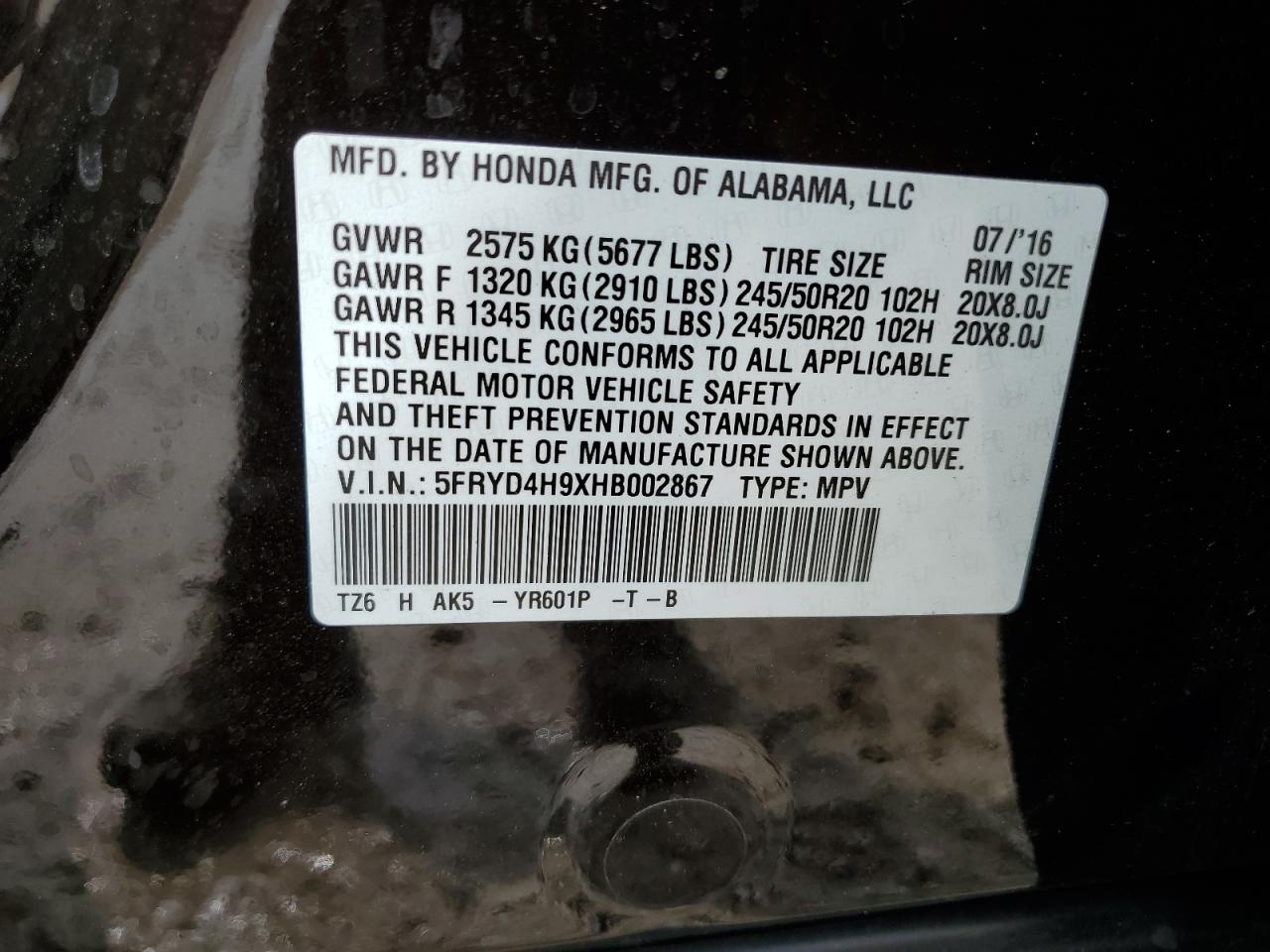 5FRYD4H9XHB002867 2017 Acura Mdx Advance