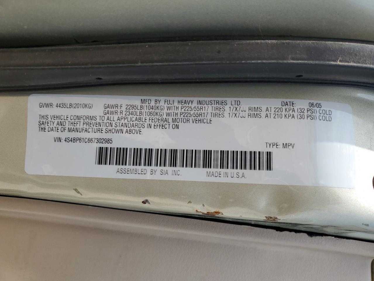 4S4BP61C667302985 2006 Subaru Legacy Outback 2.5I