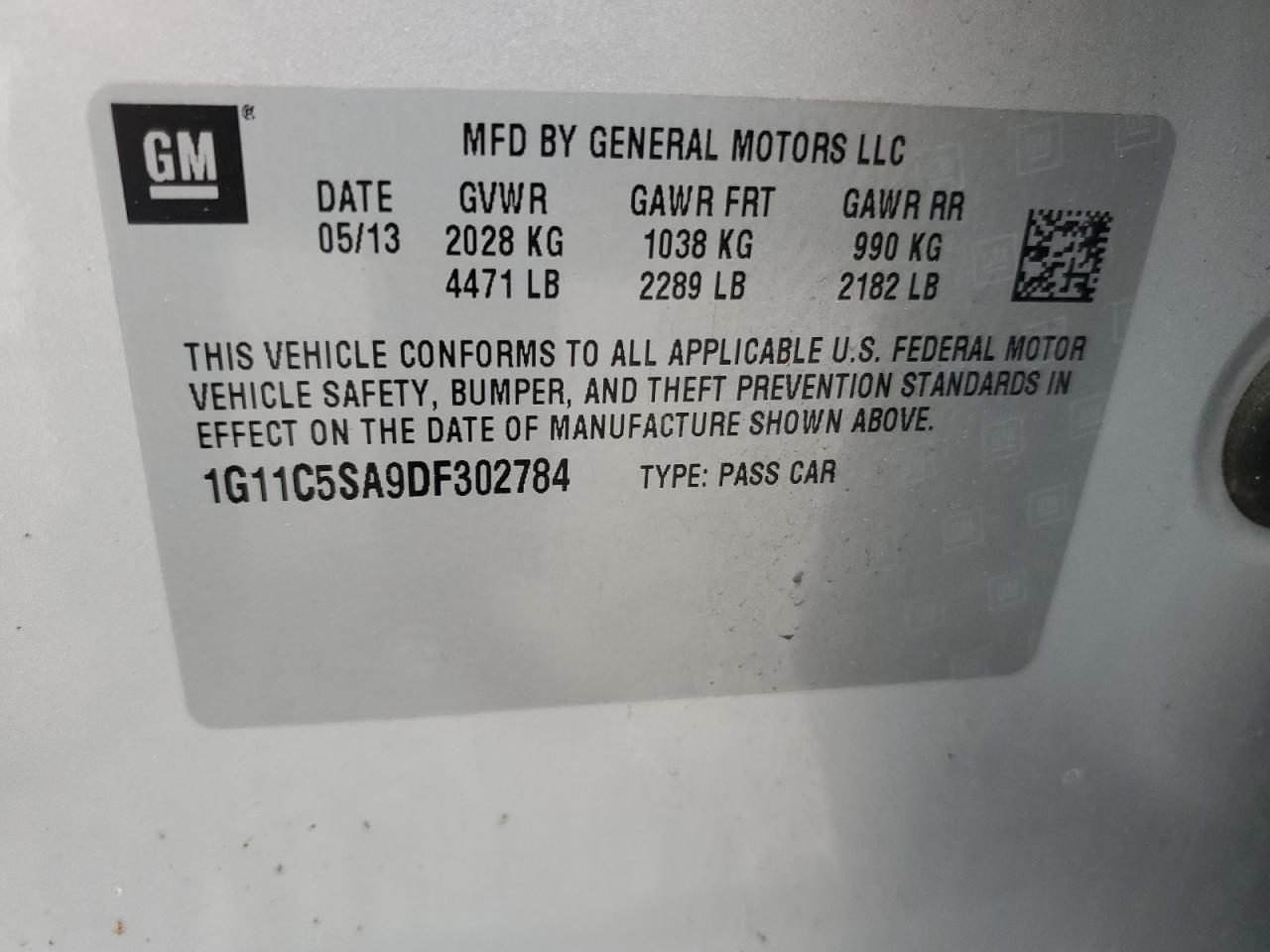 1G11C5SA9DF302784 2013 Chevrolet Malibu 1Lt