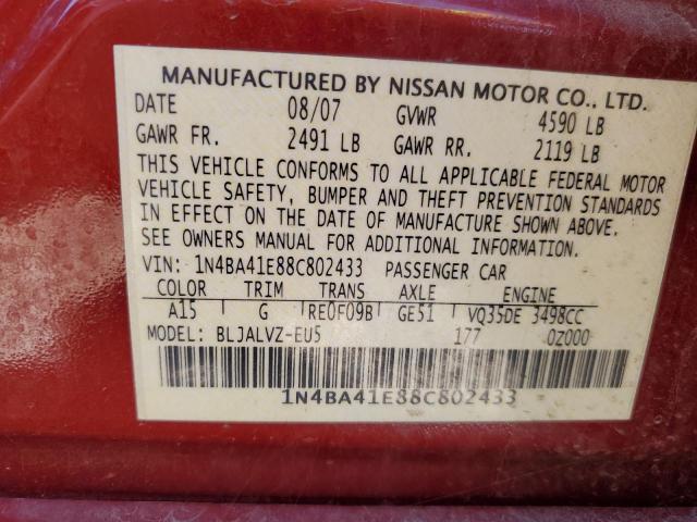 2008 Nissan Maxima Se VIN: 1N4BA41E88C802433 Lot: 56436234