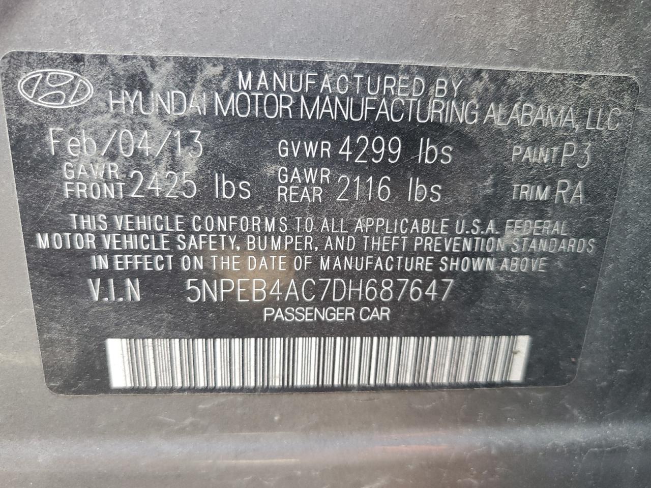 5NPEB4AC7DH687647 2013 Hyundai Sonata Gls